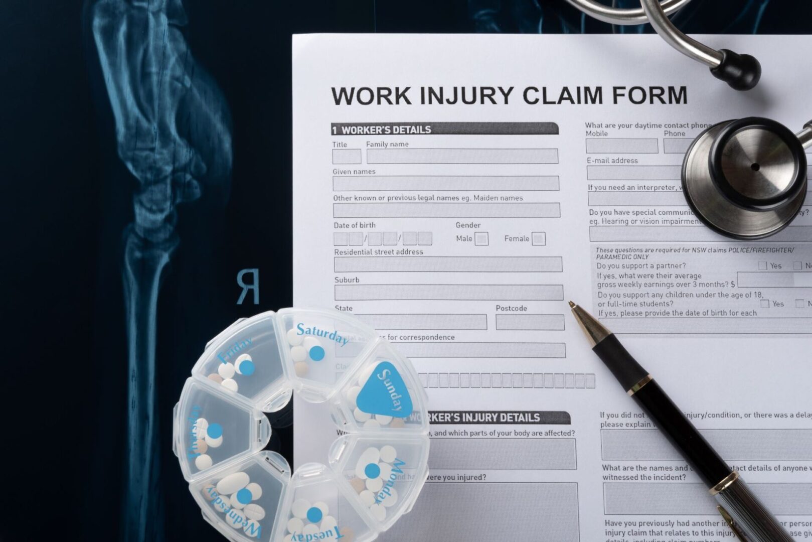A work injury claim form and medical equipment.